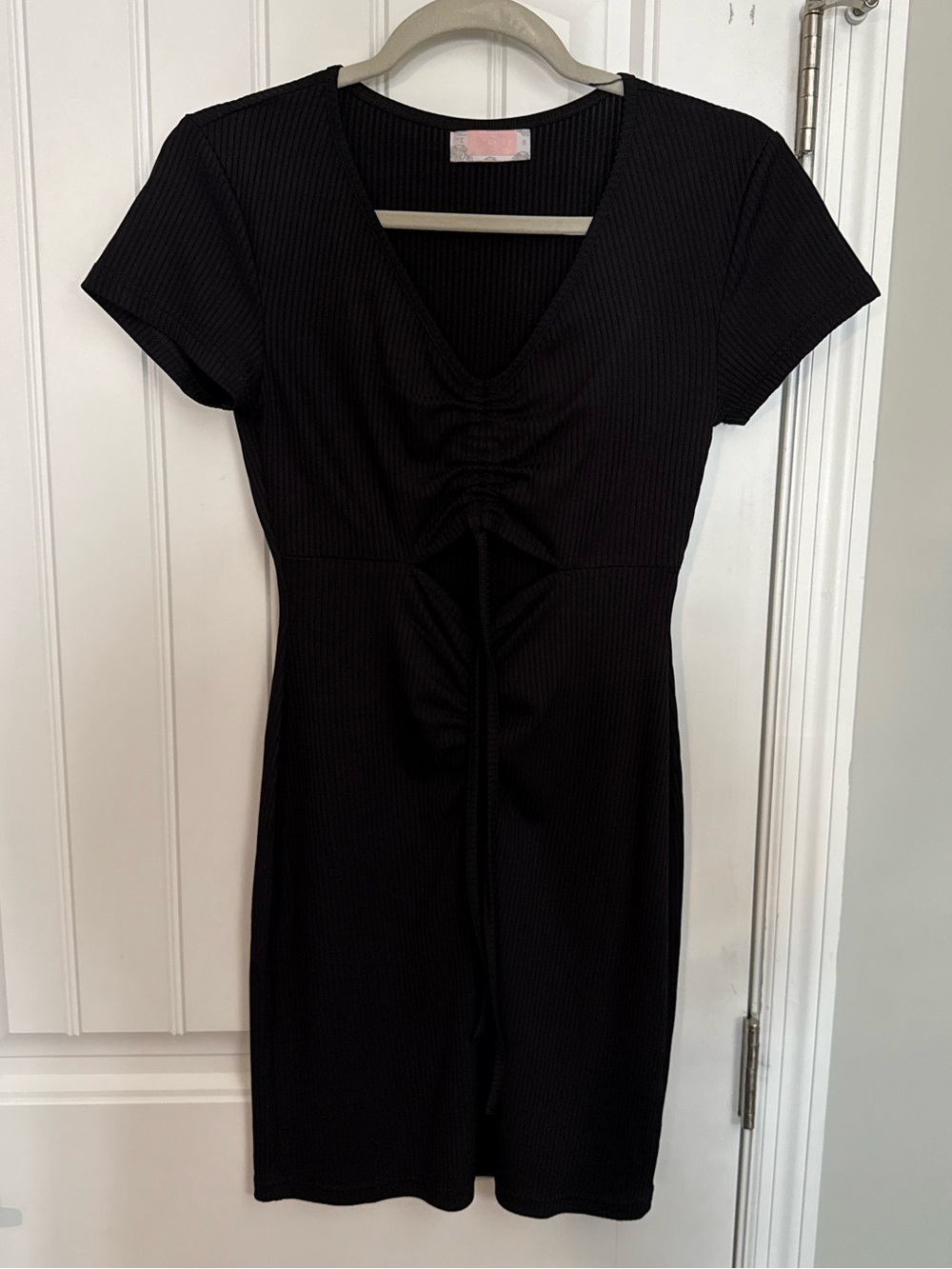 Goddess Black Ribbed Short-Sleeve V-Neck Mini Dress